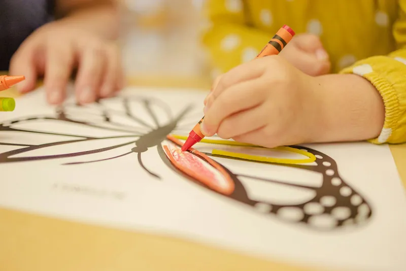 A child coloring a butterfly with a crayon