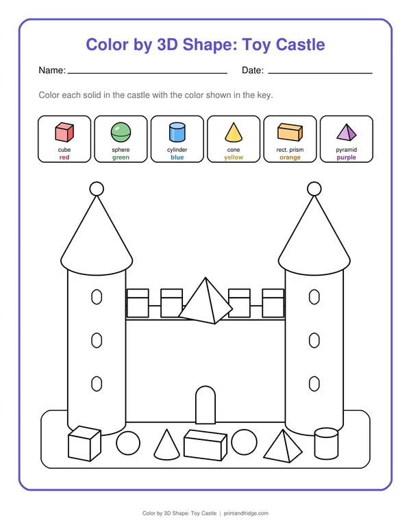 Color by 3D Shape: Toy Castle worksheet