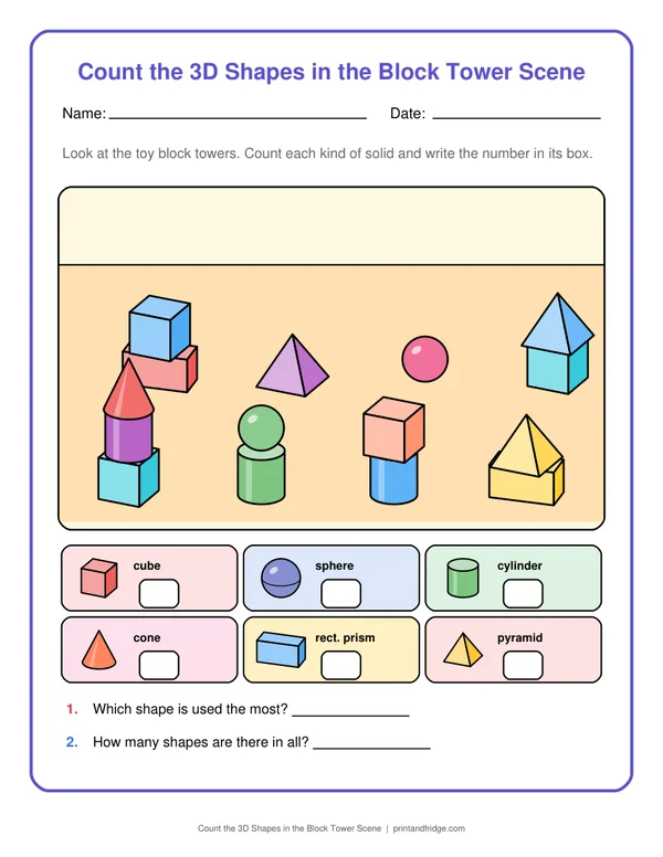Count the 3D Shapes in the Block Tower Scene printable worksheet