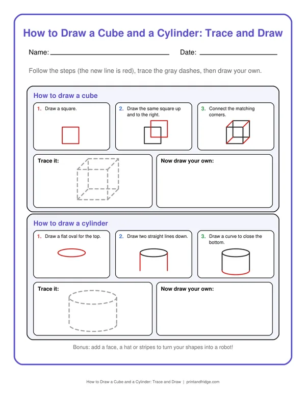 How to Draw a Cube and a Cylinder: Trace and Draw printable worksheet