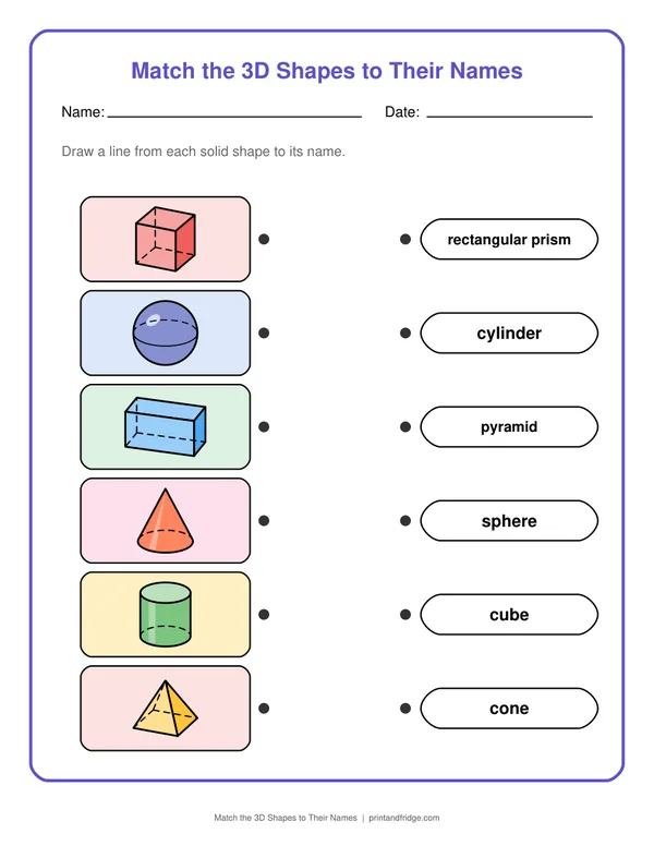 Match the 3D Shapes to Their Names worksheet