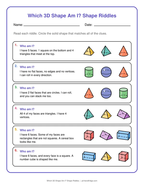 Which 3D Shape Am I? Shape Riddles printable worksheet