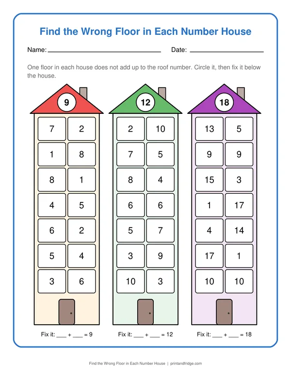 Find the Wrong Floor in Each Number House printable worksheet