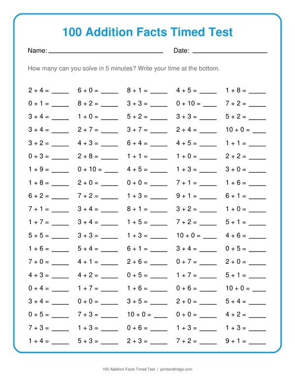 100 Addition Facts Timed Test printable worksheet