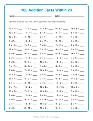 100 Addition Facts Within 20