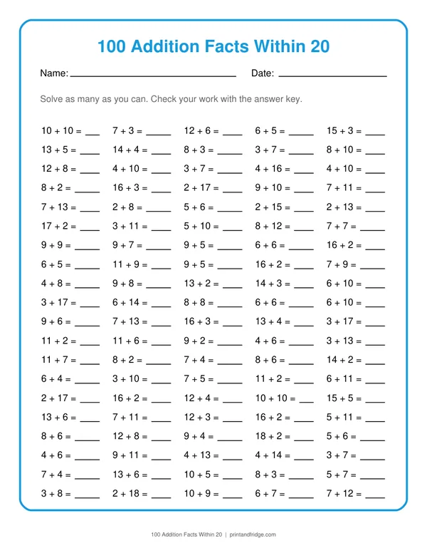 100 Addition Facts Within 20 printable worksheet