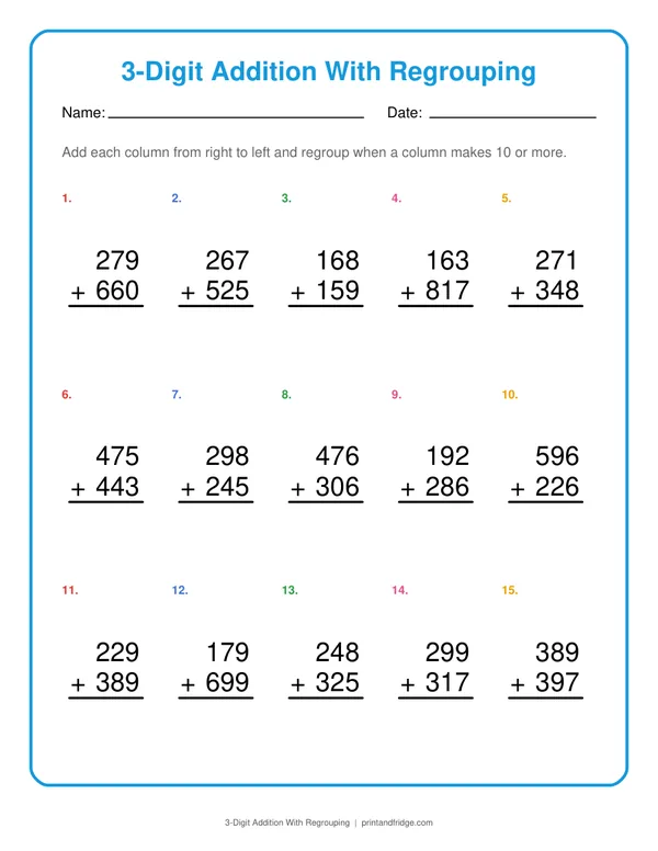 3-Digit Addition With Regrouping printable worksheet