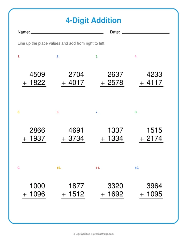 4-Digit Addition printable worksheet