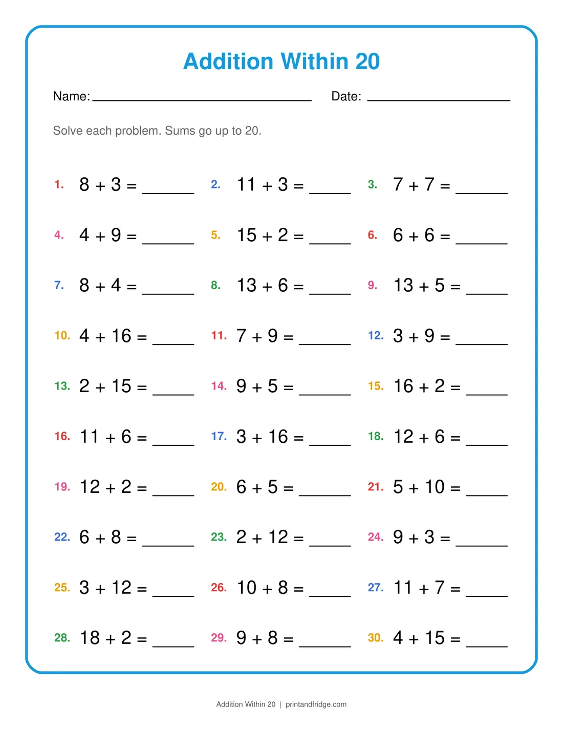 Addition Within 20 printable worksheet