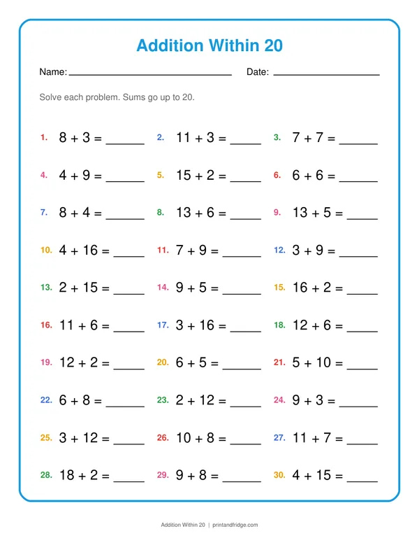 Addition Within 20 printable worksheet