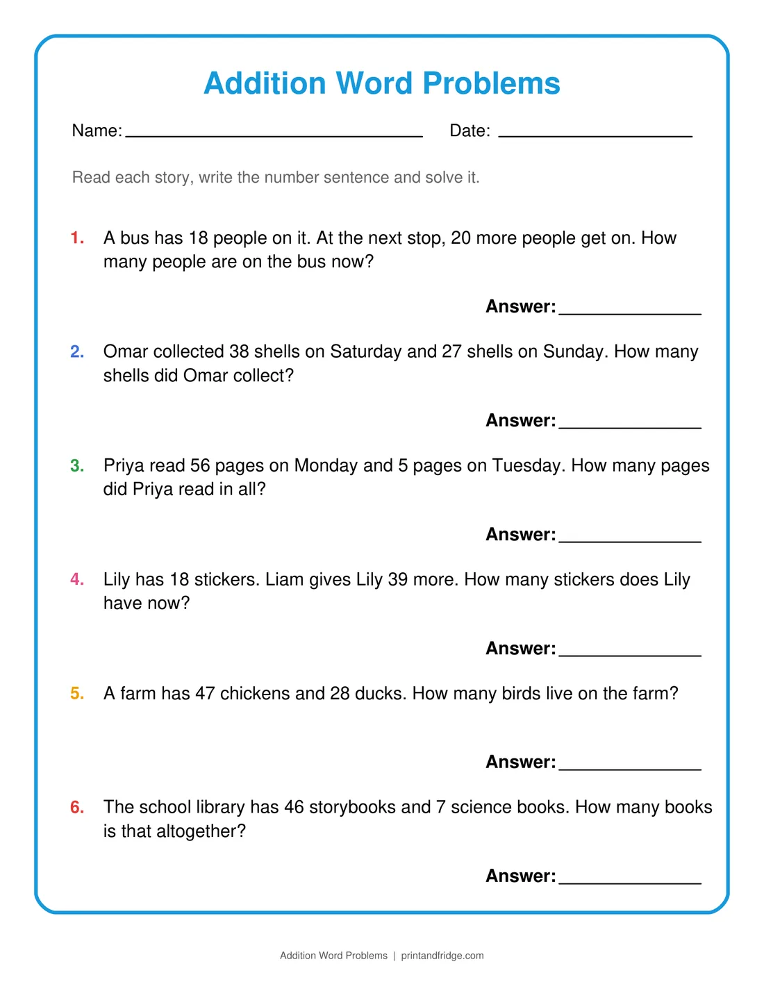 Addition Word Problems printable worksheet