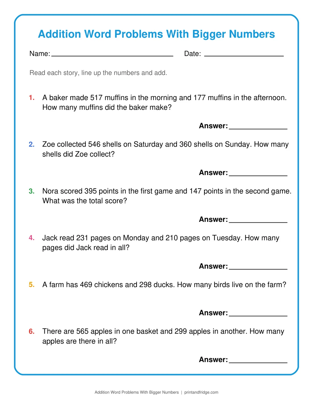 Addition Word Problems With Bigger Numbers printable worksheet