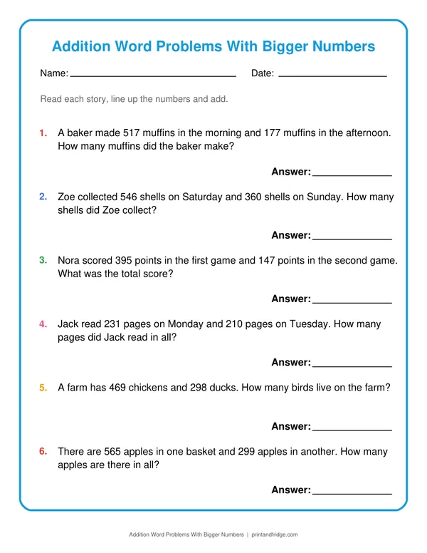Addition Word Problems With Bigger Numbers printable worksheet