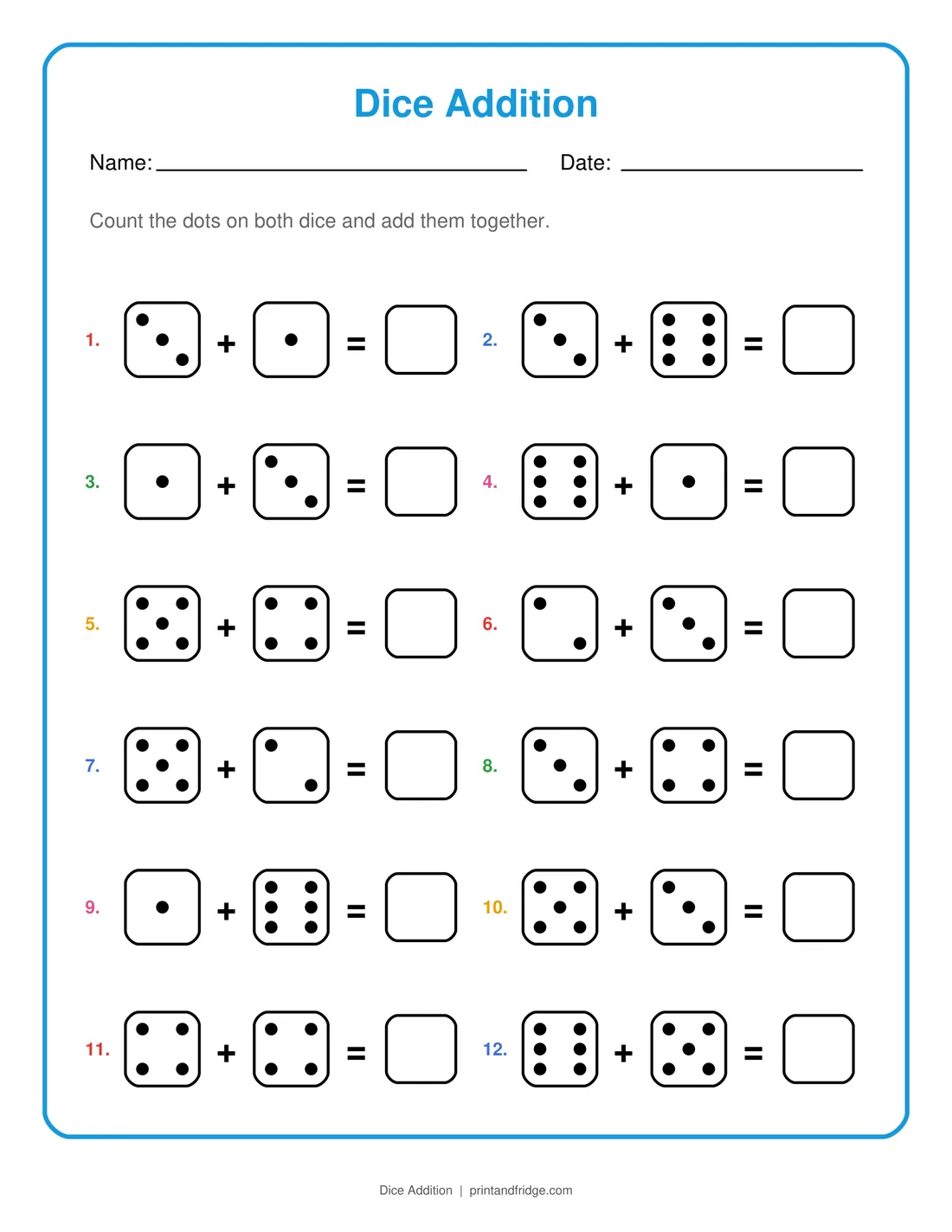 Dice Addition printable worksheet