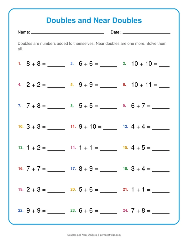 Doubles and Near Doubles printable worksheet