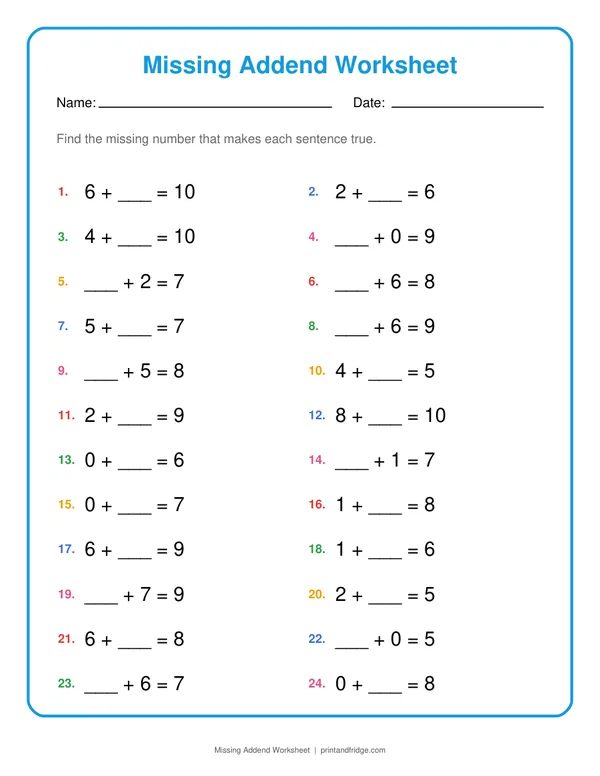 Missing Addend Worksheet printable worksheet