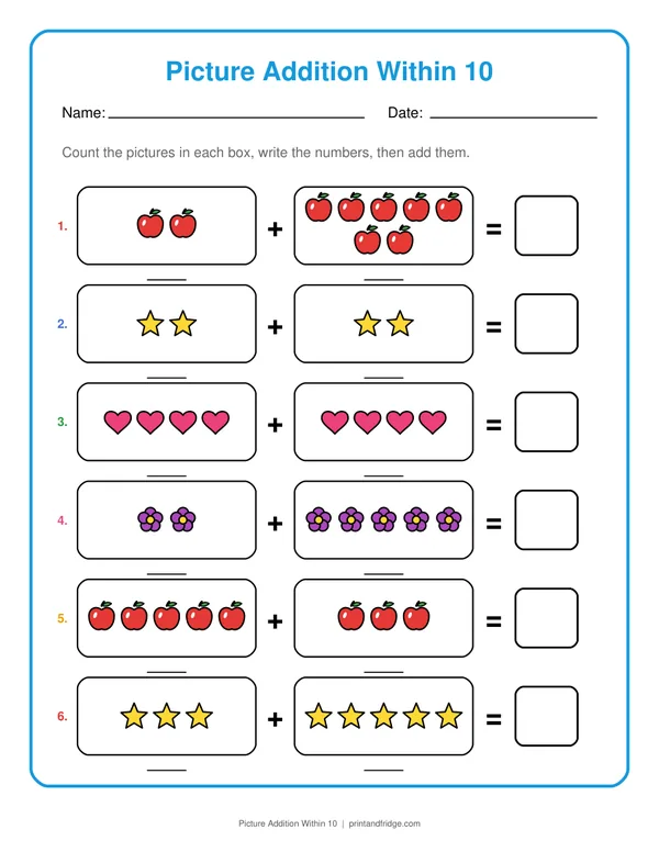 Picture Addition Within 10 printable worksheet