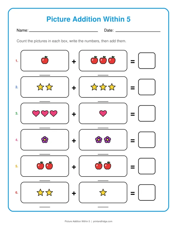 Picture Addition Within 5 printable worksheet