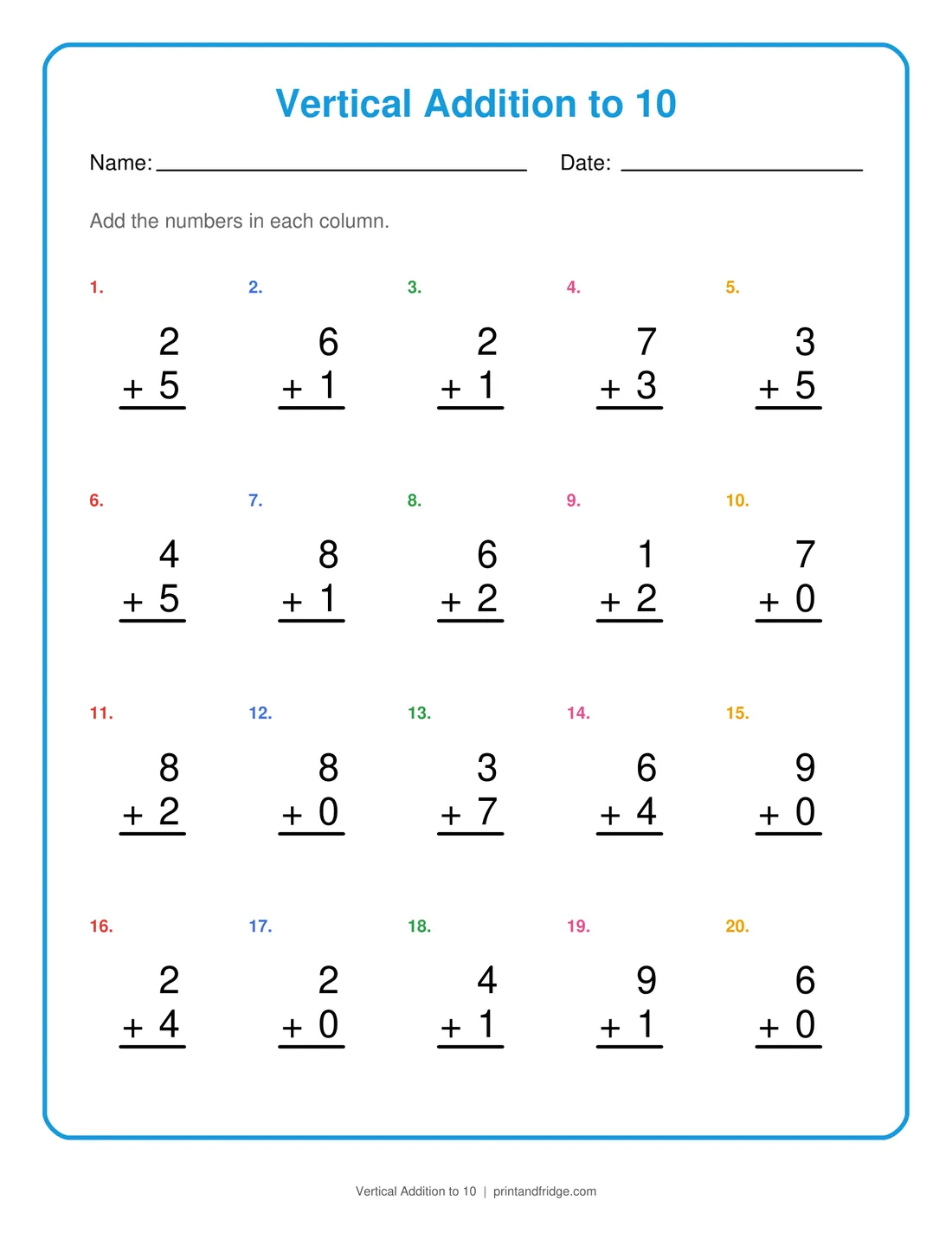 Vertical Addition to 10 printable worksheet