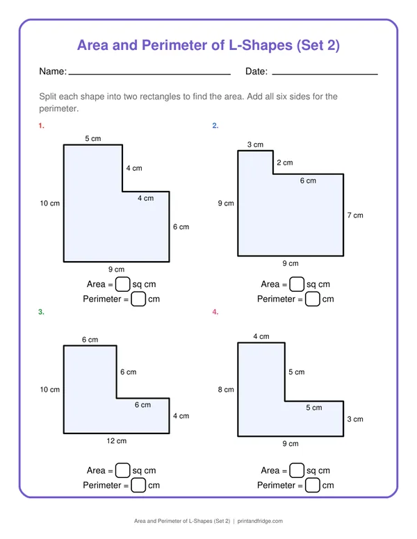 Area and Perimeter of L-Shapes (Set 2) printable worksheet