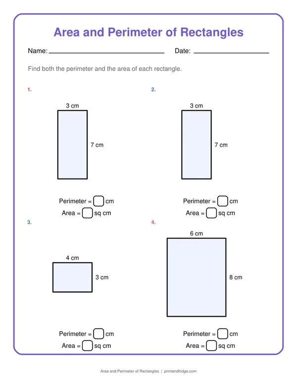 Area and Perimeter of Rectangles printable worksheet