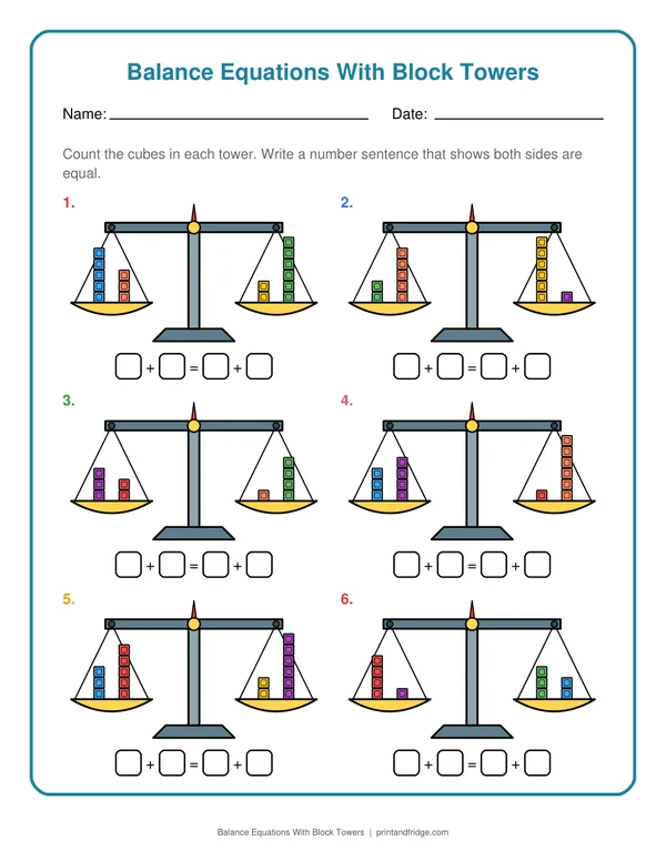 Balance Equations With Block Towers printable worksheet
