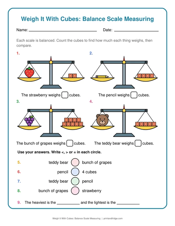 Weigh It With Cubes: Balance Scale Measuring printable worksheet