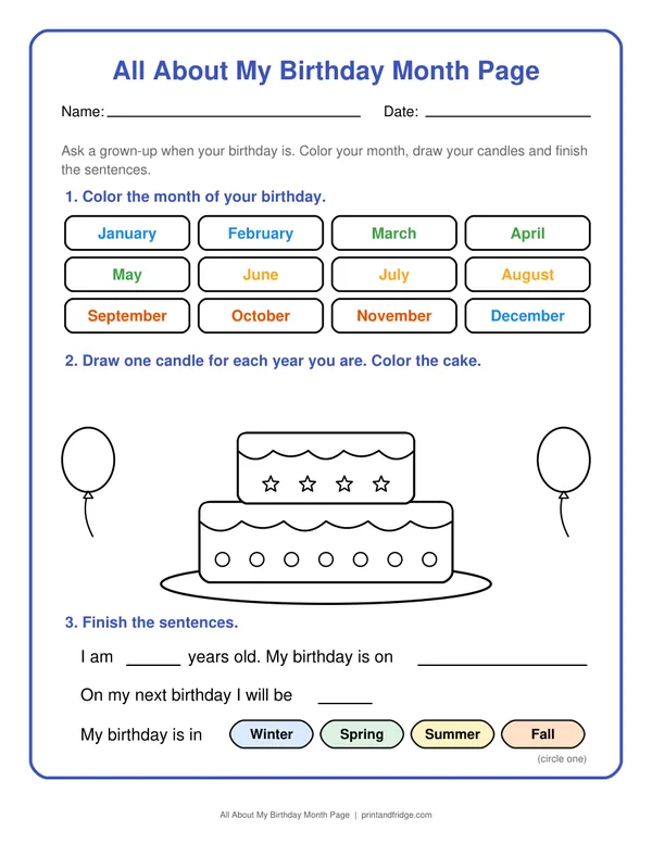 All About My Birthday Month Page printable worksheet