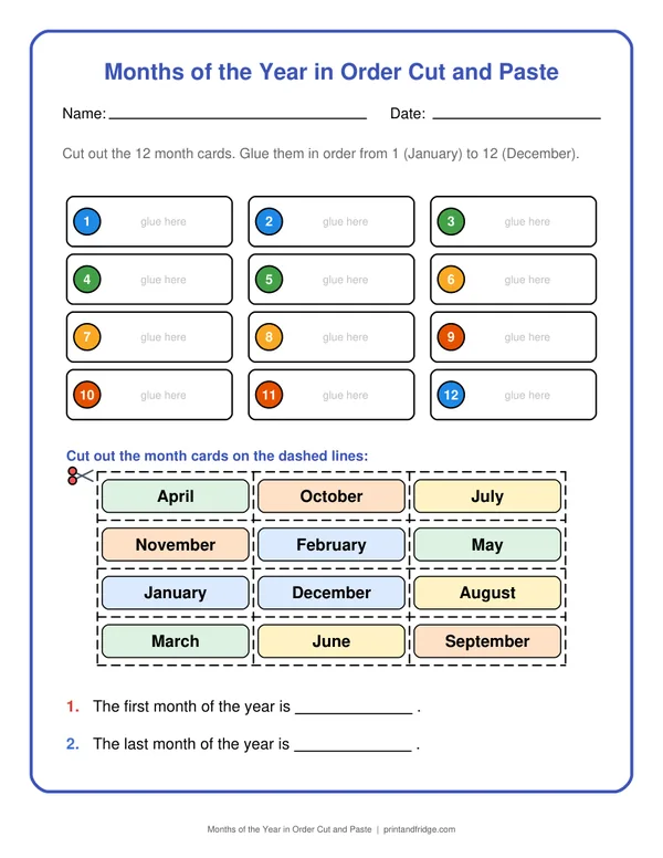Months of the Year in Order Cut and Paste printable worksheet