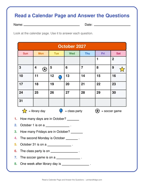 Read a Calendar Page and Answer the Questions printable worksheet