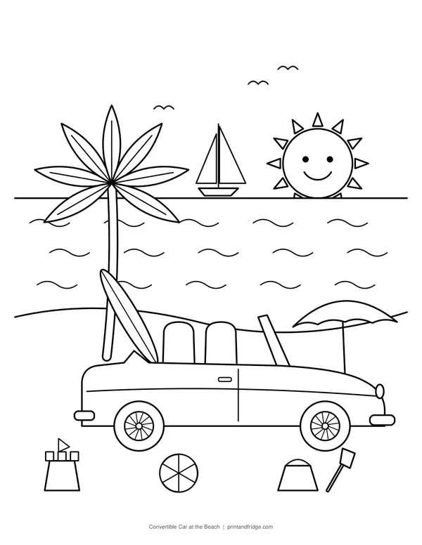 Convertible Car at the Beach printable coloring page