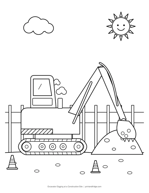 Excavator Digging at a Construction Site printable coloring page