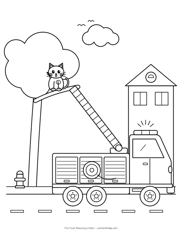 Fire Truck Rescuing a Kitten printable coloring page