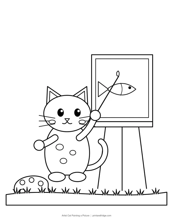 Artist Cat Painting a Picture printable coloring page