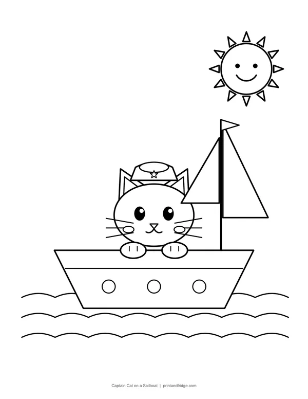 Captain Cat on a Sailboat printable coloring page