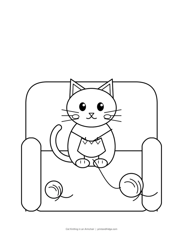 Cat Knitting in an Armchair printable coloring page