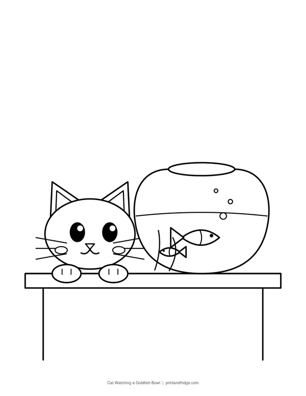 Cat Watching a Goldfish Bowl printable coloring page