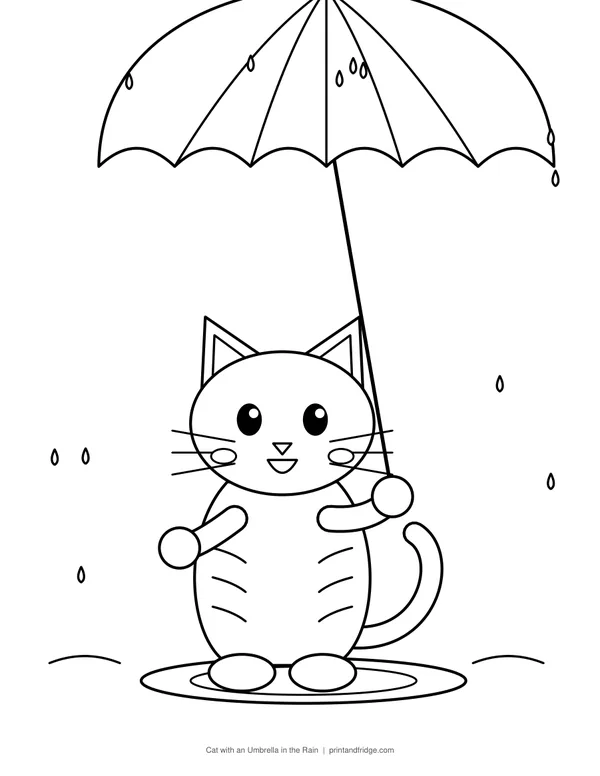 Cat with an Umbrella in the Rain printable coloring page