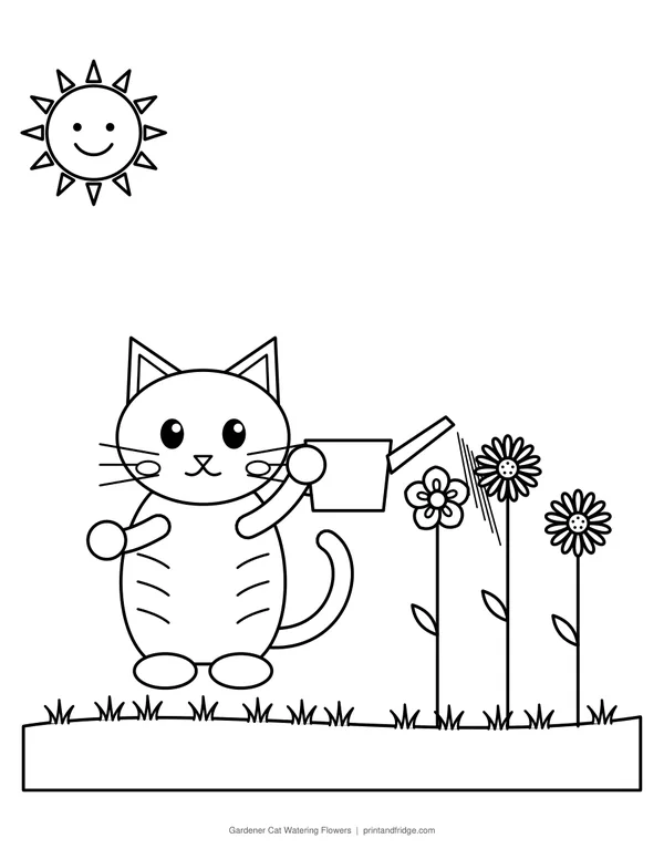 Gardener Cat Watering Flowers printable coloring page