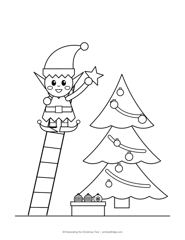 Elf Decorating the Christmas Tree printable coloring page