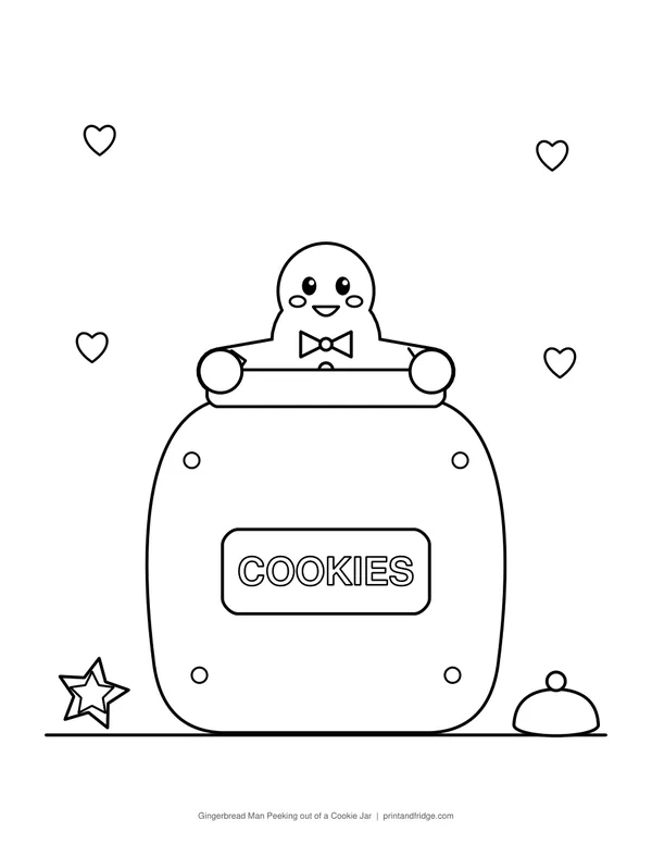 Gingerbread Man Peeking out of a Cookie Jar printable coloring page