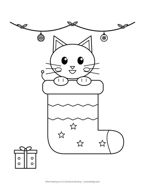 Kitten Peeking out of a Christmas Stocking printable coloring page