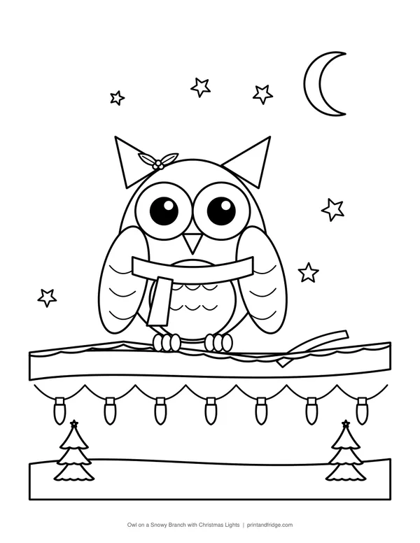 Owl on a Snowy Branch with Christmas Lights printable coloring page