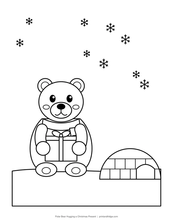 Polar Bear Hugging a Christmas Present printable coloring page