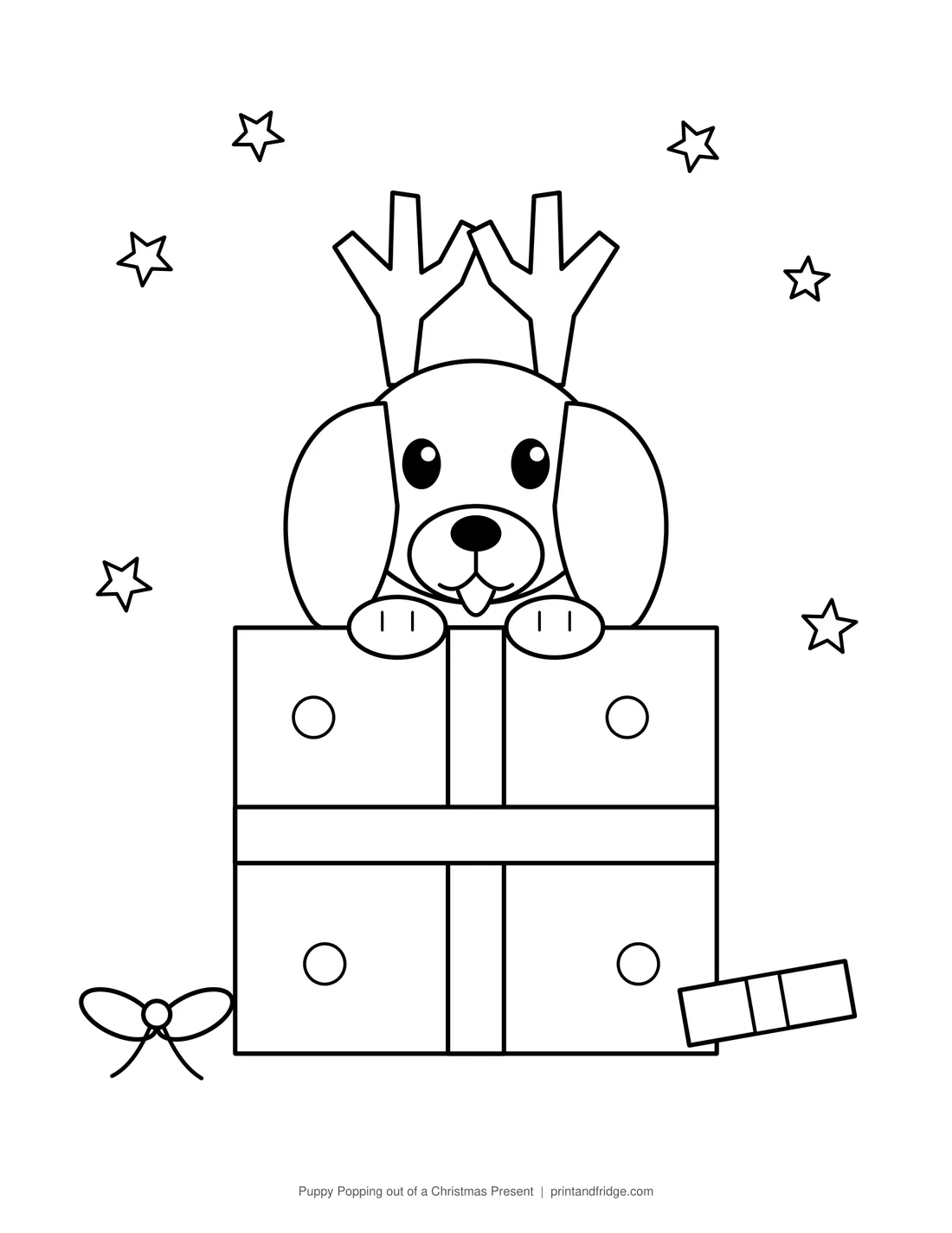 Puppy Popping out of a Christmas Present printable coloring page