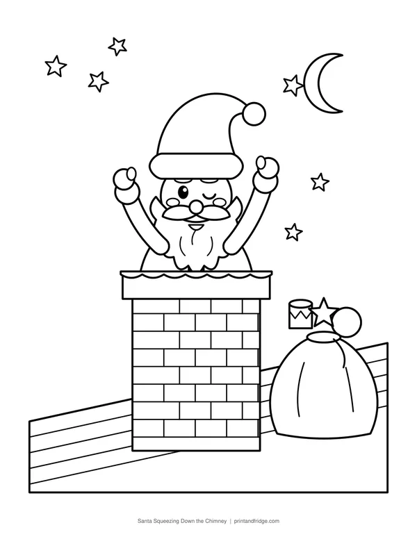 Santa Squeezing Down the Chimney printable coloring page