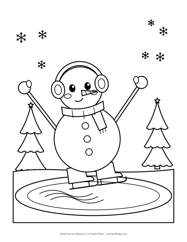 Snowman Ice Skating on a Frozen Pond printable coloring page