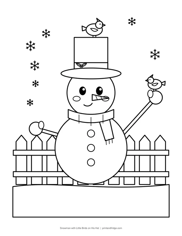 Snowman with Little Birds on His Hat printable coloring page