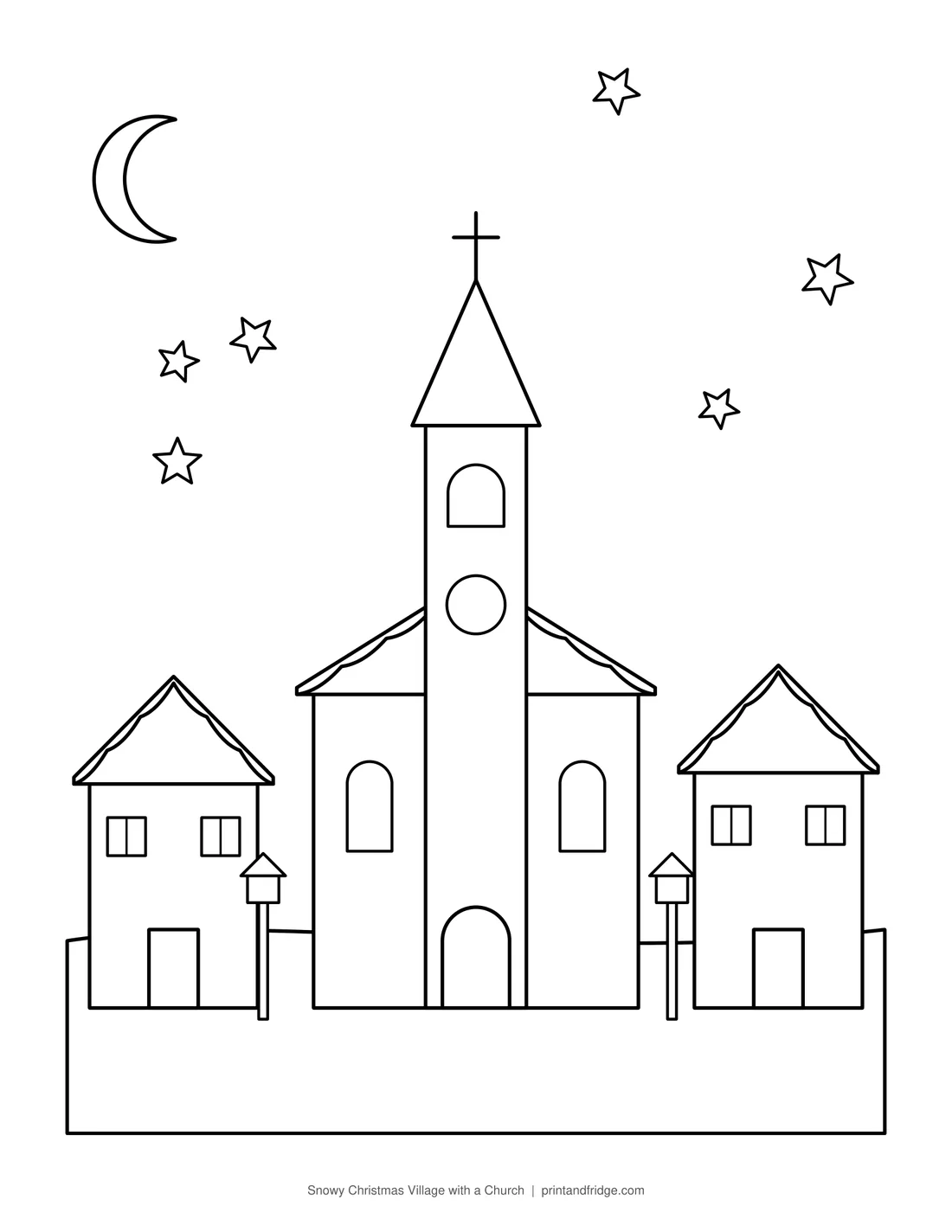 Snowy Christmas Village with a Church printable coloring page