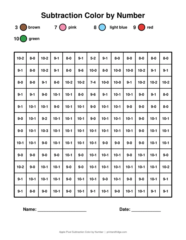Apple Pixel Subtraction Color by Number printable coloring page